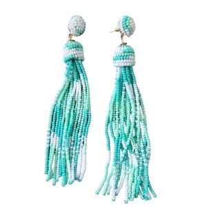 Pink Lily Mint Green/White Beaded Tassel Earrings